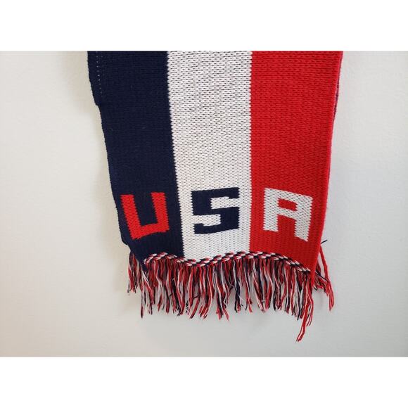 ()4) VTG Knitmakers USA Knit Scarf 80" Red, White & Blue Stripe Fringe Patriotic - Picture 2 of 7